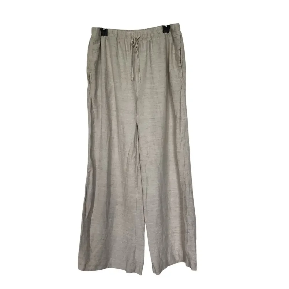 Aritzia Wilfred Women's Linen Wide-Leg Pants Drawstring Summer Beige Size Large